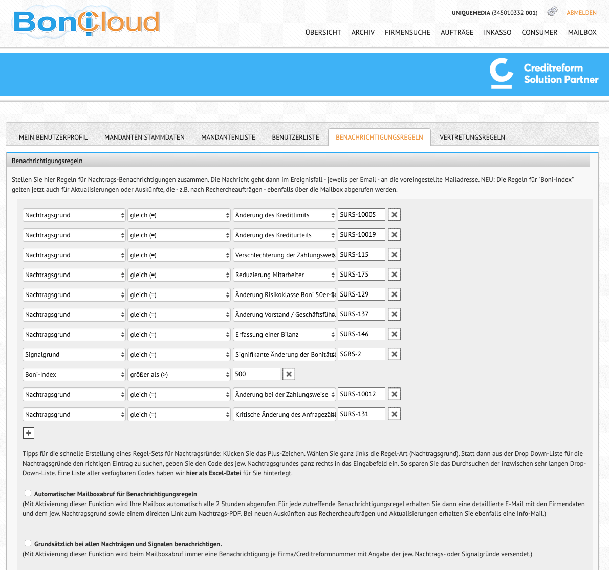 BoniCloud Benachrichtigungsregeln