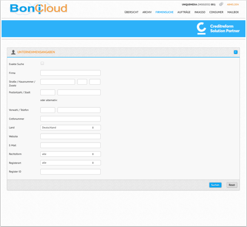 BoniCloud Suche in der Creditreformdatenbank